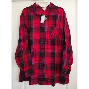 J Jill Red Plaid Flannel Button Up Tunic Shirt Women Sz 2X Cabincore Holiday